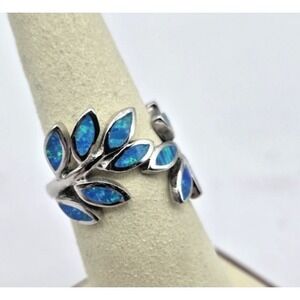 Blue Lab Opal Ring Womens Size 7 Fern Leaf Plant Wrap Sterling Silver 925 NWOT